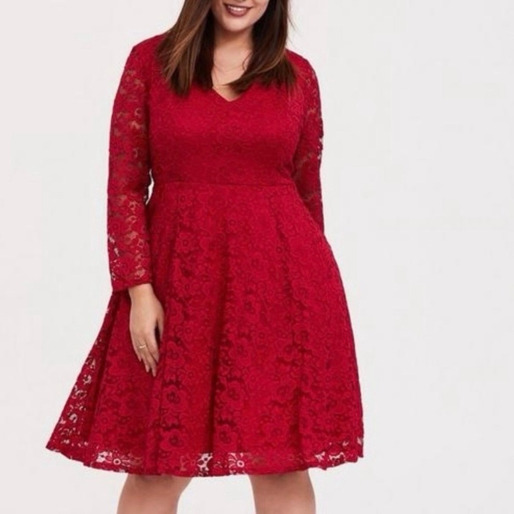 Torrid Red Lace Long Sleeve V Neck Skater Stretch Flare Dress Size 1X
